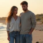 Een stel op een verlaten strand, verdiept in gedachten