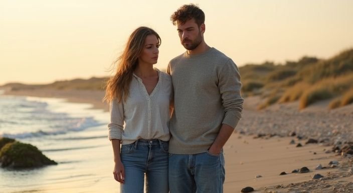 Een stel op een verlaten strand, verdiept in gedachten. Een stel op een verlaten strand, verdiept in gedachten