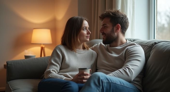 Twee jonge volwassenen in gesprek op een comfortabele bank. Twee jonge volwassenen in gesprek op een comfortabele bank