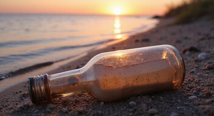 Een glazen fles met een boodschap op het strand van Zeeland. Een glazen fles met een boodschap op het strand van Zeeland