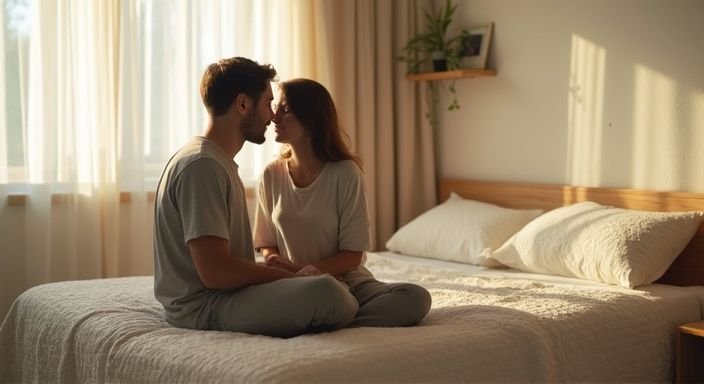 Een stel zit intiem op de rand van een bed. Een stel zit intiem op de rand van een bed
