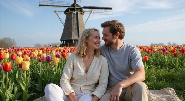 Een stel geniet van een rustige middag te midden van tulpen
