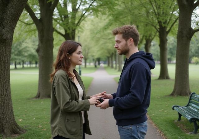 Een man en een vrouw hebben een intieme conversatie in het park. Een man en een vrouw hebben een intieme conversatie in het park