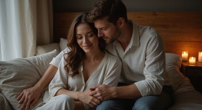 Een stel geniet van een intiem moment op een comfortabel bed. Een stel geniet van een intiem moment op een comfortabel bed