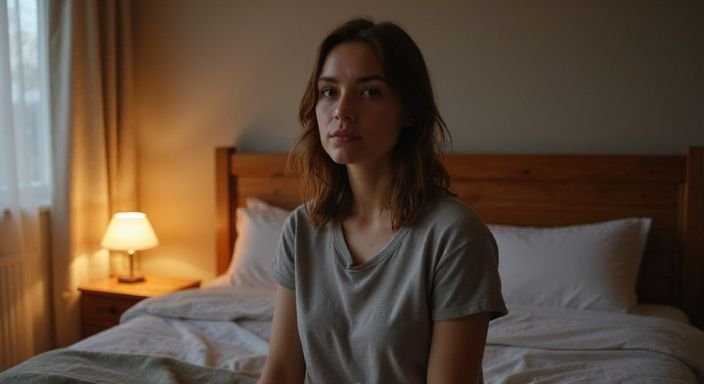 Een vrouw zit op bed in een serene slaapkamer. Een vrouw zit op bed in een serene slaapkamer