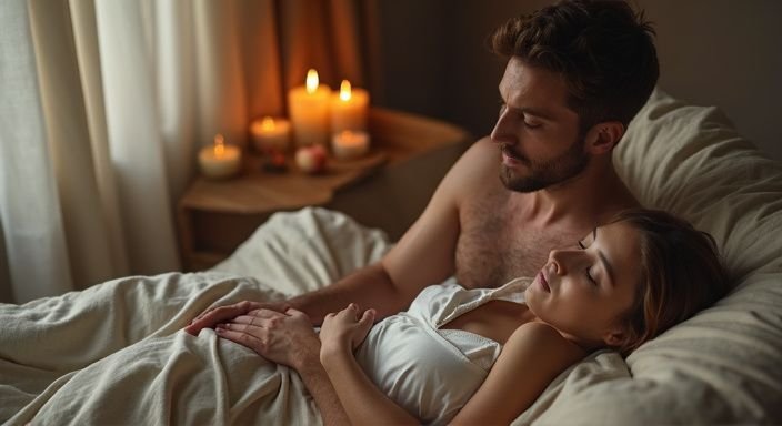 Een man geeft een schoudermassage aan een ontspannen vrouw in bed. Een man geeft een schoudermassage aan een ontspannen vrouw in bed