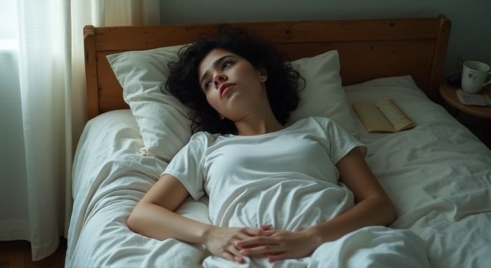 Een jonge vrouw ligt op een rommelig bed met emotionele uitdrukking. Een jonge vrouw ligt op een rommelig bed met emotionele uitdrukking