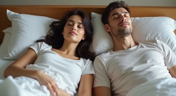 Een vrouw en een man liggen ontspannen naast elkaar op bed. Een vrouw en een man liggen ontspannen naast elkaar op bed
