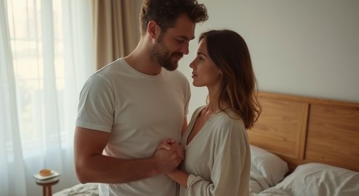 Een stel in een slaapkamer deelt een intiem moment samen. Een stel in een slaapkamer deelt een intiem moment samen