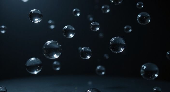Dichtbijopname van zwevende waterdruppels tegen een zwarte achtergrond. Dichtbijopname van zwevende waterdruppels tegen een zwarte achtergrond