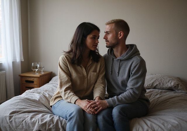 Een man en vrouw zitten knus op een bed in Utrecht. Een man en vrouw zitten knus op een bed in Utrecht