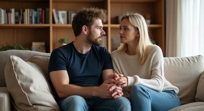 Twee mensen bespreken iets belangrijks op een comfortabele bank. Twee mensen bespreken iets belangrijks op een comfortabele bank