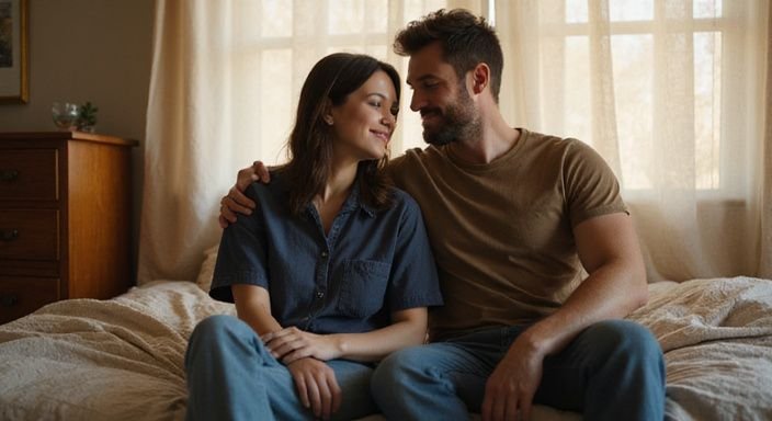 Twee volwassenen zitten samen op een bed en delen een intieme moment. Twee volwassenen zitten samen op een bed en delen een intieme moment