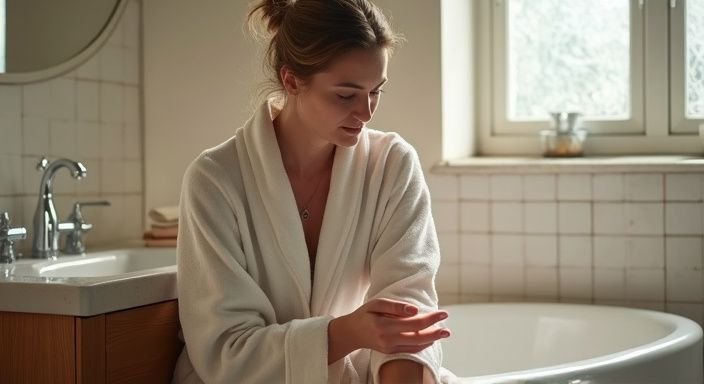 Een persoon in een badjas masseert lotion in hun hand. Een persoon in een badjas masseert lotion in hun hand