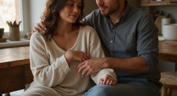 Een man en vrouw delen een intiem moment in een gezellige ruimte. Een man en vrouw delen een intiem moment in een gezellige ruimte