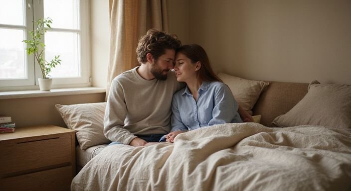 Een stel deelt een intiem moment in een serene slaapkamer. Een stel deelt een intiem moment in een serene slaapkamer