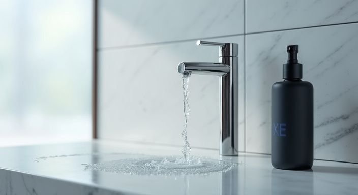 Minimalistische badkamer met hygiënische hulpmiddelen en gladde oppervlakken. Minimalistische badkamer met hygiënische hulpmiddelen en gladde oppervlakken