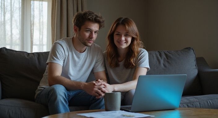 Twee jonge mensen zitten samen op een bank, bezig met een laptop. Twee jonge mensen zitten samen op een bank, bezig met een laptop