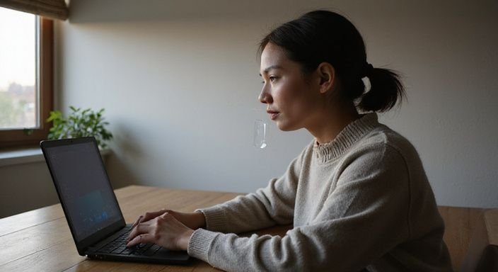 Een persoon typt gefocust op een laptop aan een houten bureau. Een persoon typt gefocust op een laptop aan een houten bureau