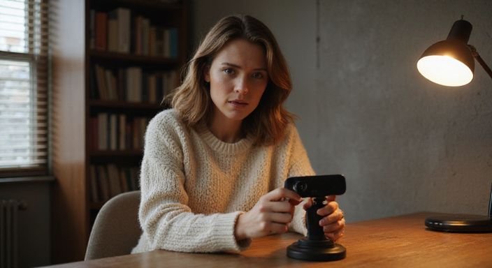 Een vrouw in een trui past een webcam aan. Een vrouw in een trui past een webcam aan