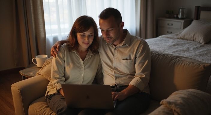 Een middelbare man en vrouw bekijken samen iets op een laptop. Een middelbare man en vrouw bekijken samen iets op een laptop