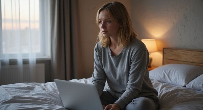 Een jonge vrouw zit geconcentreerd op een bed met een laptop. Een jonge vrouw zit geconcentreerd op een bed met een laptop