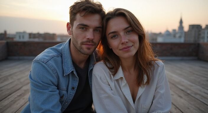 Een jongeman en een jongedame zitten intiem op een dakterras en gaan neuken in Oost-Vlaanderen.