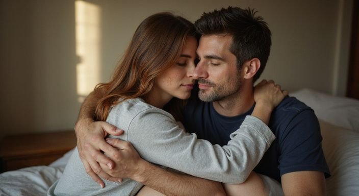 Een man en vrouw omhelzen elkaar intiem in hun slaapkamer.