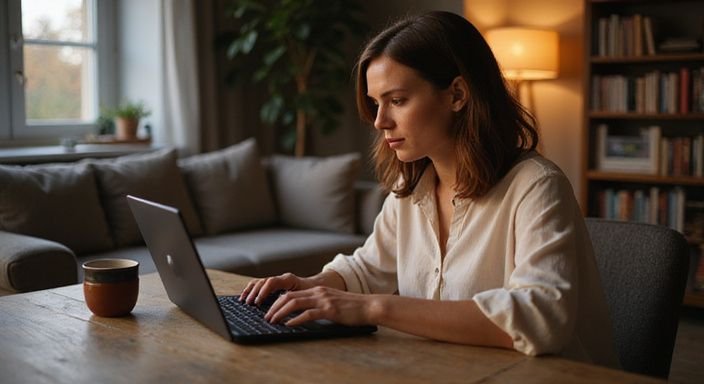 Een vrouw werkt geconcentreerd aan haar laptop aan een houten bureau.