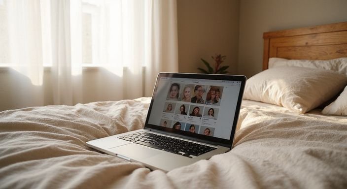 Een open laptop toont een datingapp voor neuken in Oost-Vlaanderen op een bed met dekbedovertrek.