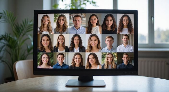 Een monitor toont diverse profielfoto's van neuken in Oost-Vlaanderen in een moderne werkruimte.