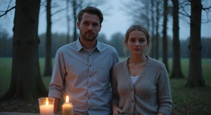 Een man en vrouw genieten samen van een serene avond buiten.