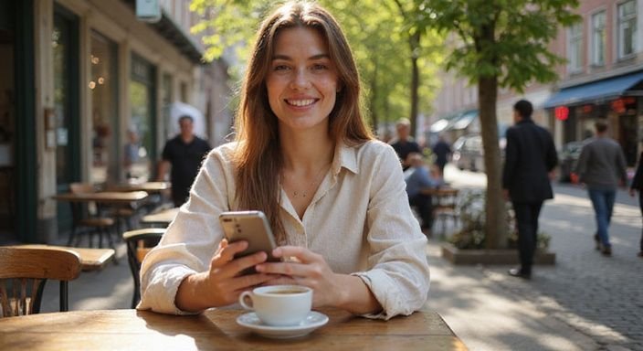 Een vrouw in een café kijkt glimlachend naar haar smartphone.
