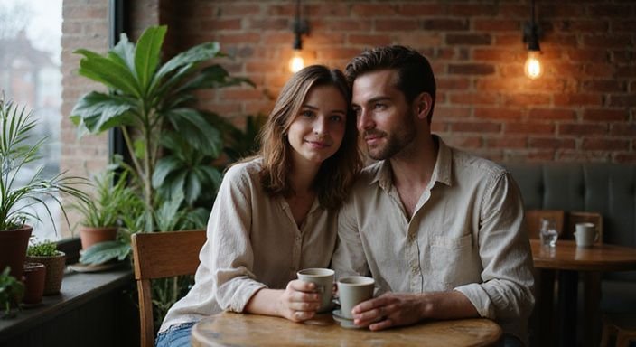 Een stel geniet van een intiem moment in een gezellige café.