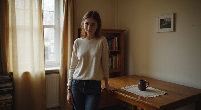 Een jonge escort vrouw in een gezellige, eenvoudig ingerichte woonkamer.