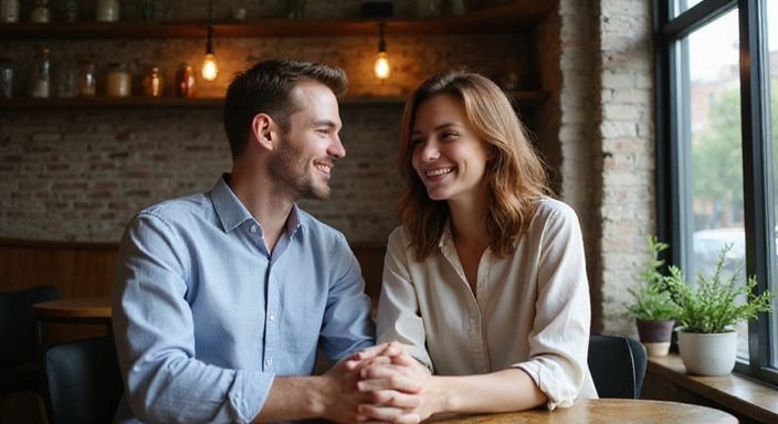 Een vrolijk koppel geniet van elkaar in een gezellige café.
