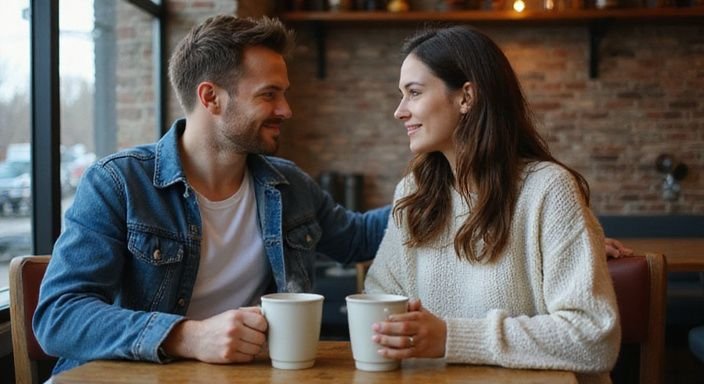 Een stel geniet van koffie en elkaar in een café.