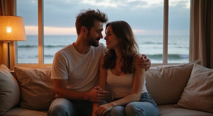 Een stel zit hand in hand op een zachte bank