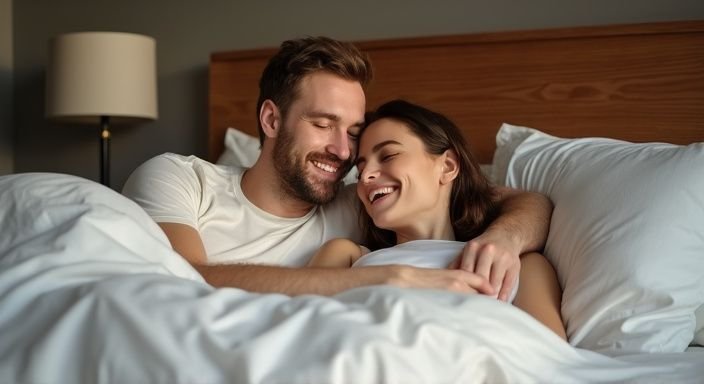 Ik wil neuken: Een stel ligt intiem en gelukkig samen in bed