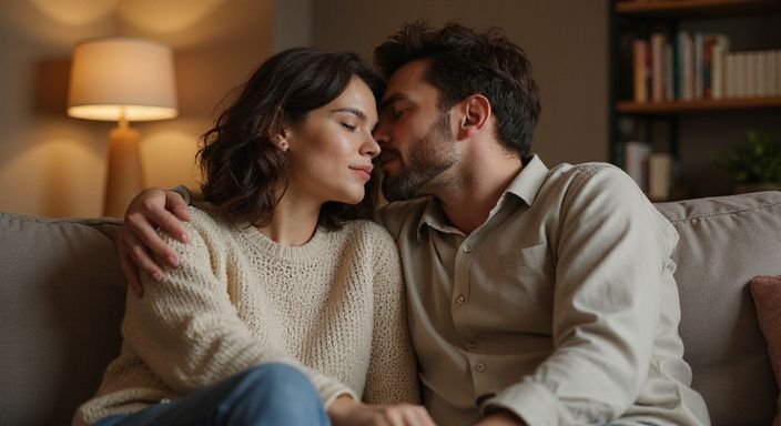 Een koppel deelt een intieme kus op een bank