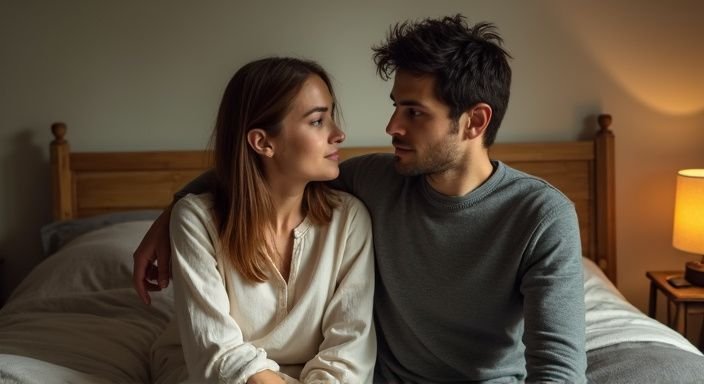 Een vrouw en man zitten dicht bij elkaar op een bed