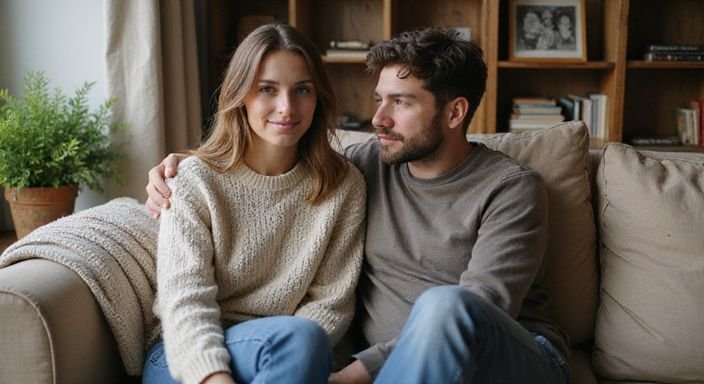 Een jong stel geniet van een intiem gesprek op de bank