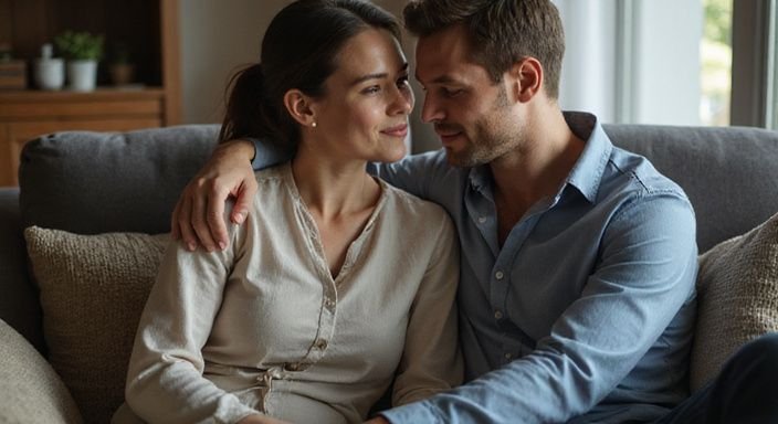 Een stel geniet van een intieme en liefdevolle moment op de bank