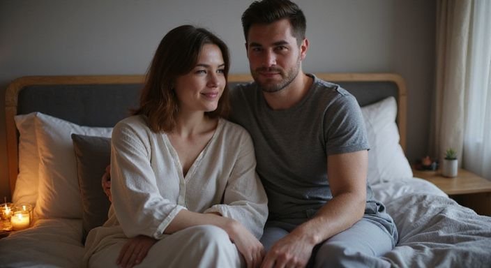 Een stel zit dicht bij elkaar op een bed, genietend van elkaars gezelschap