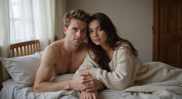 Een man en vrouw genieten van een intiem moment op bed