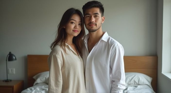 Een jong stel staat samen in een moderne slaapkamer