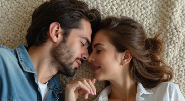 Een man en vrouw liggen intiem op een zachte, beige vloer