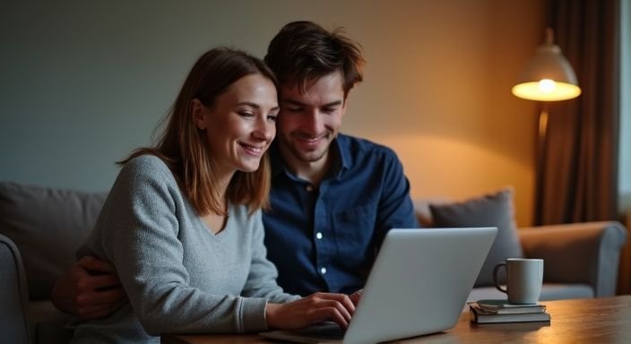 Een man en vrouw zitten samen op de bank met een laptop. Een man en vrouw zitten samen op de bank met een laptop.