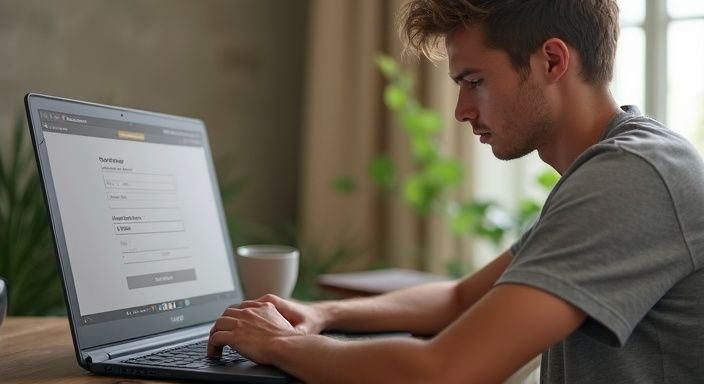Een jongvolwassene werkt geconcentreerd aan een laptop aan een bureau. Een jongvolwassene werkt geconcentreerd aan een laptop aan een bureau op zoek naar een neukchat.