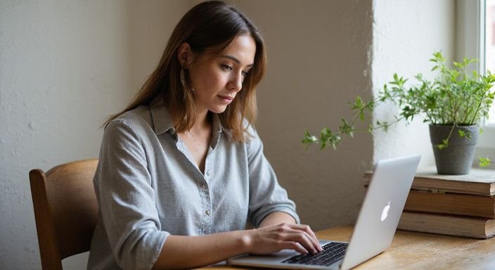 Een vrouw werkt geconcentreerd aan haar bureau in een huiselijke omgeving. Een vrouw werkt geconcentreerd aan haar bureau in een huiselijke omgeving en wil een neukchat.